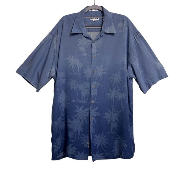 Vintage Pierre Cardin Button-up Shirt Mens XL Blue Short Sleeve Rayon Palm Print - Picture 1 of 8